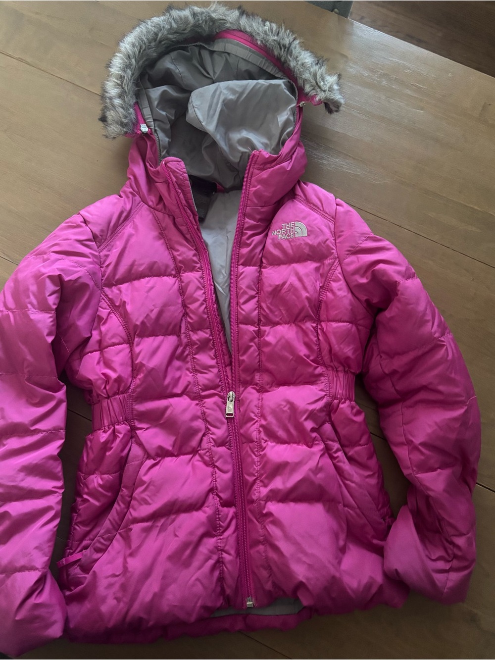 The North Face Hot Pink Girls' Hooded Down Jacket with Faux Fur Trim